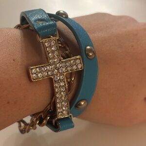 Blue Leather Cross Bracelet with Gold Accents
